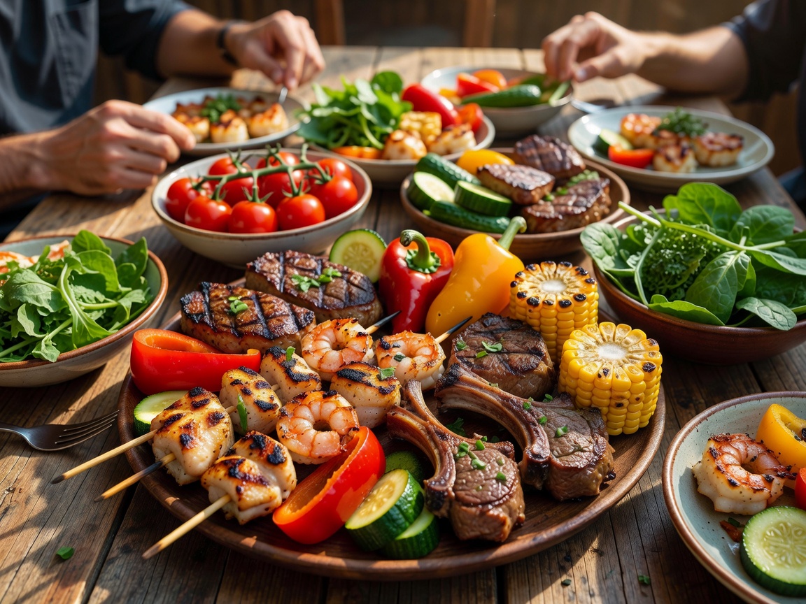 A colourful assortment of grilled food and fresh vegetables shared at a table