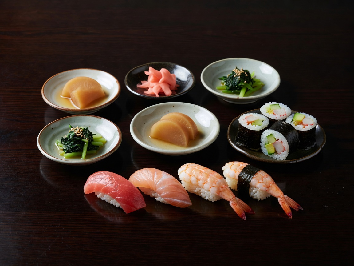 Carefully arranged sushi and Japanese small plates on a dark tabletop