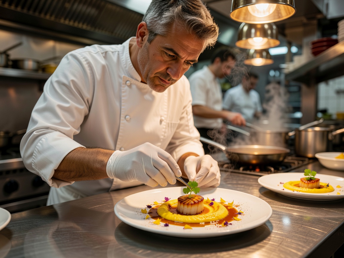 Chef carefully plating a fresh restaurant dish