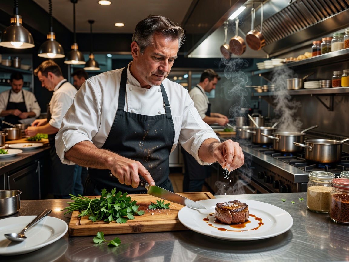 Chef preparing a dish in a professional restaurant kitchen