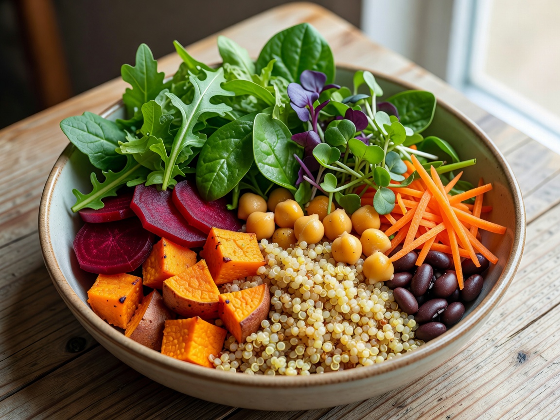 Colourful plant-based bowl with vegetables, grains and fresh greens