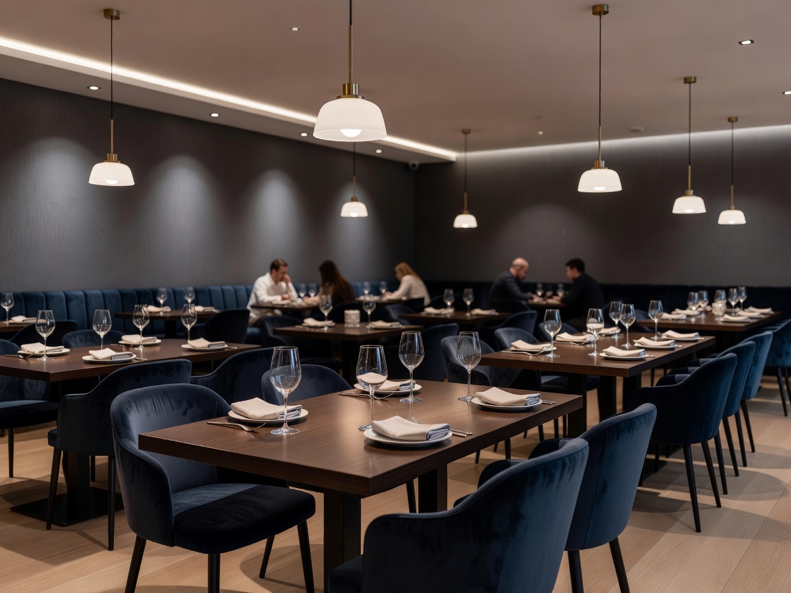 Contemporary restaurant dining room with closely set tables and soft lighting