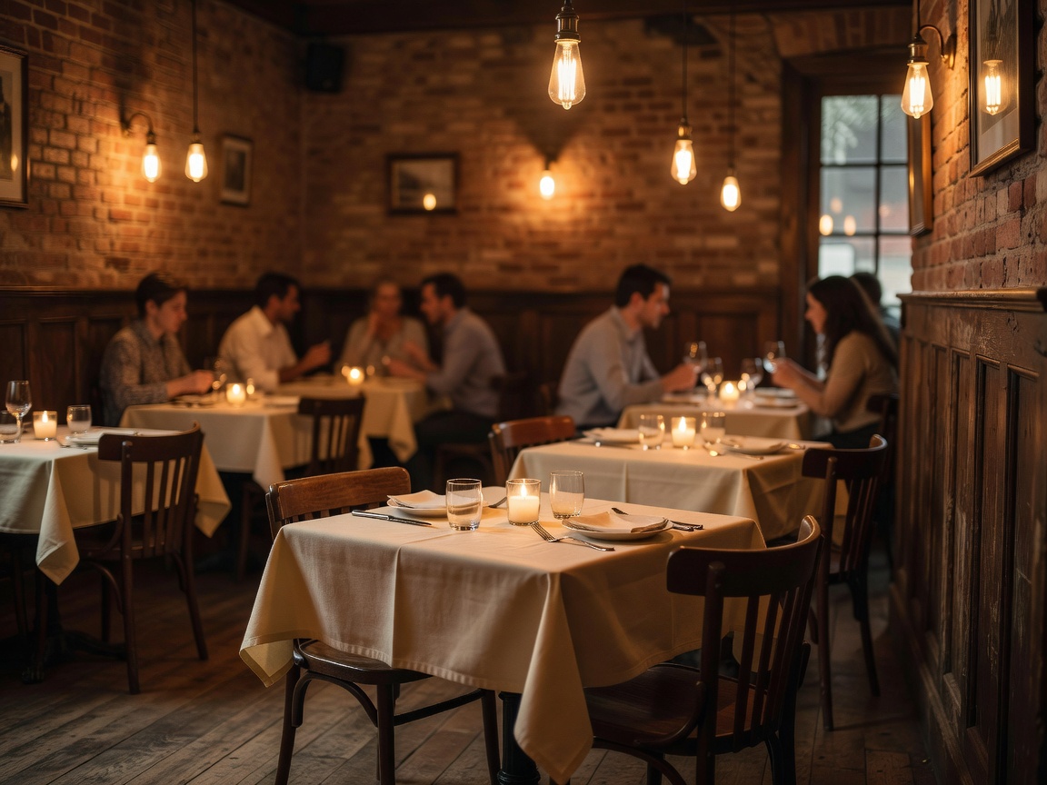 Cosy neighbourhood restaurant interior with intimate tables and warm light