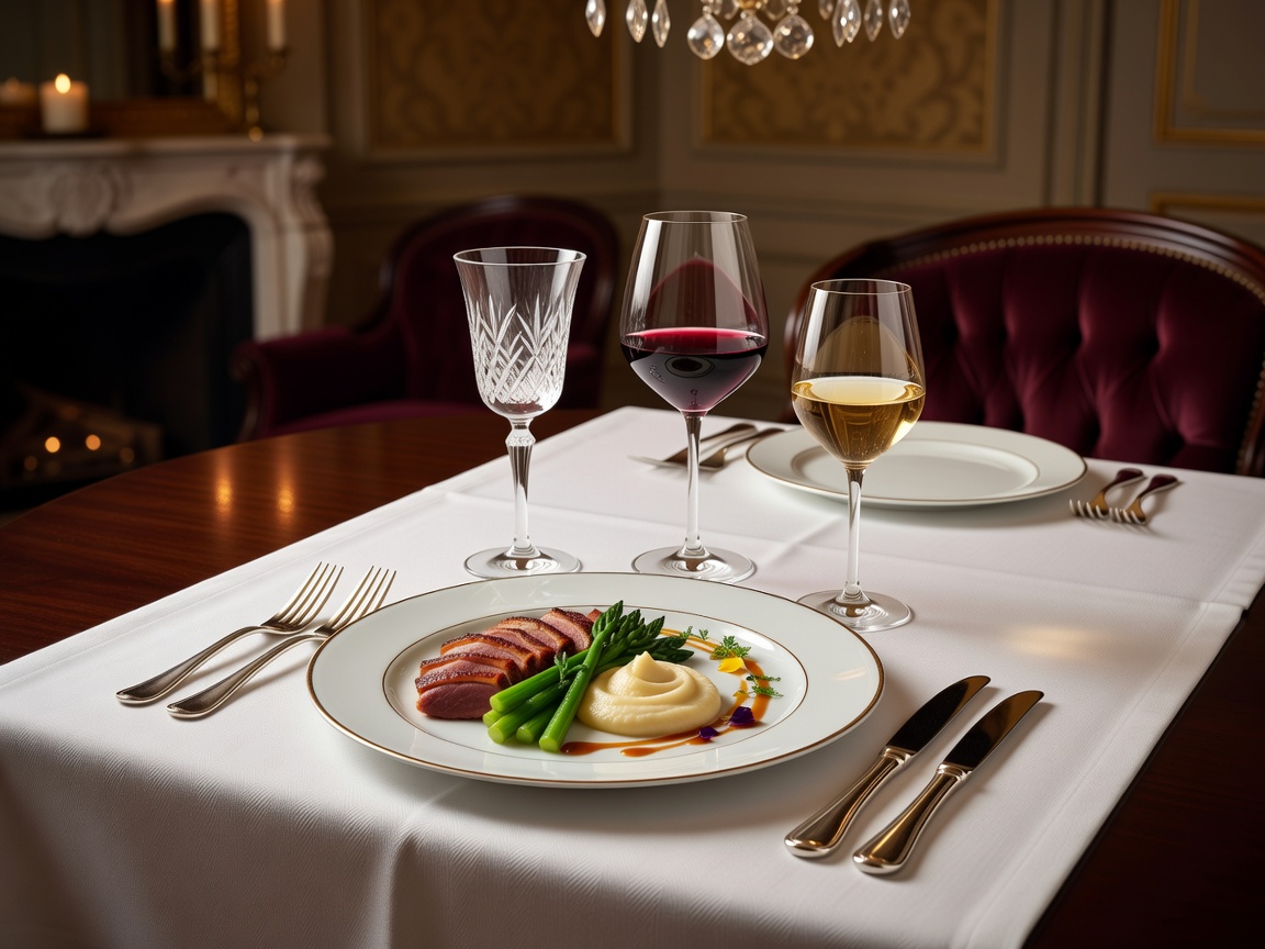Elegant dining table setting with glassware and a plated meal