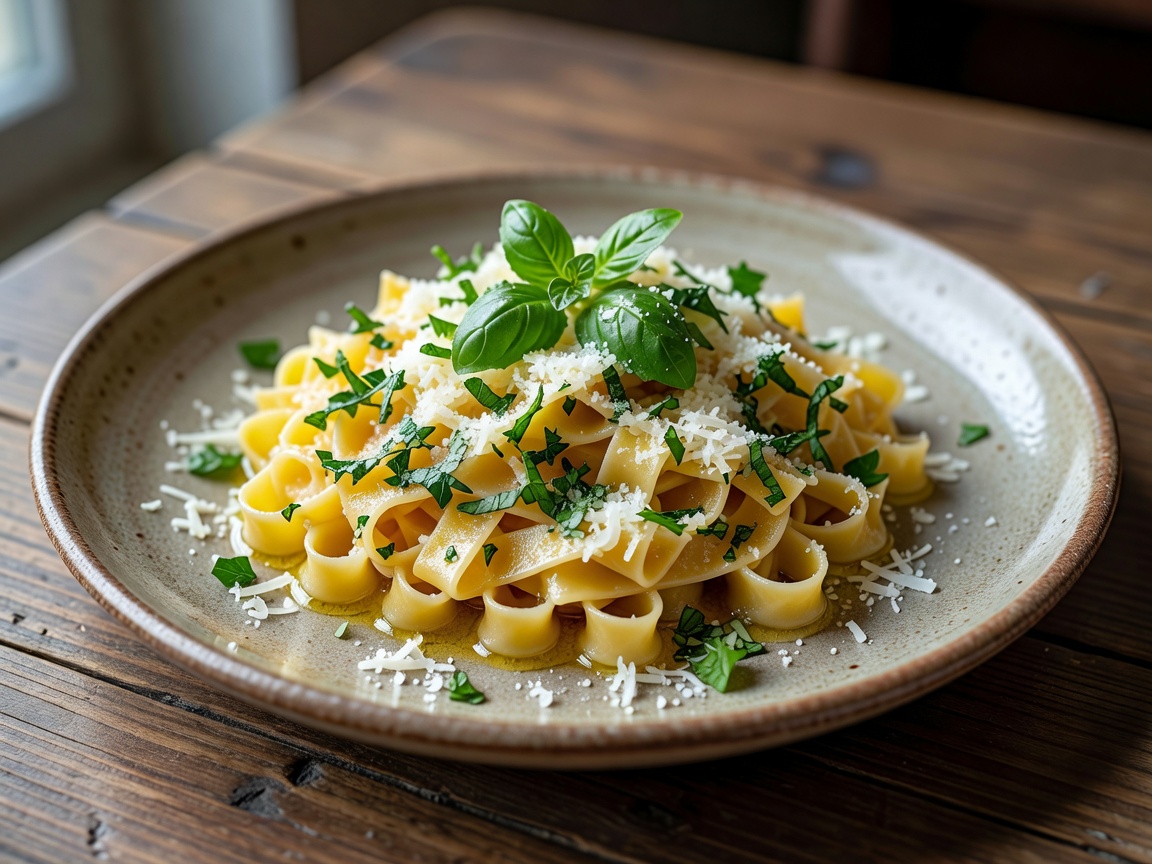 Fresh pasta dish with herbs and grated cheese on a ceramic plate