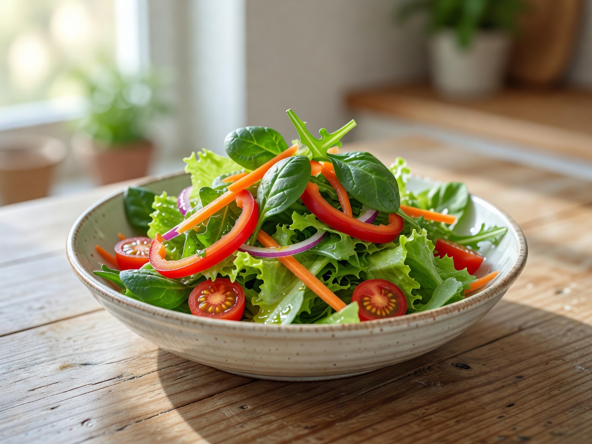 Fresh salad with leafy greens and colourful vegetables served in a bowl