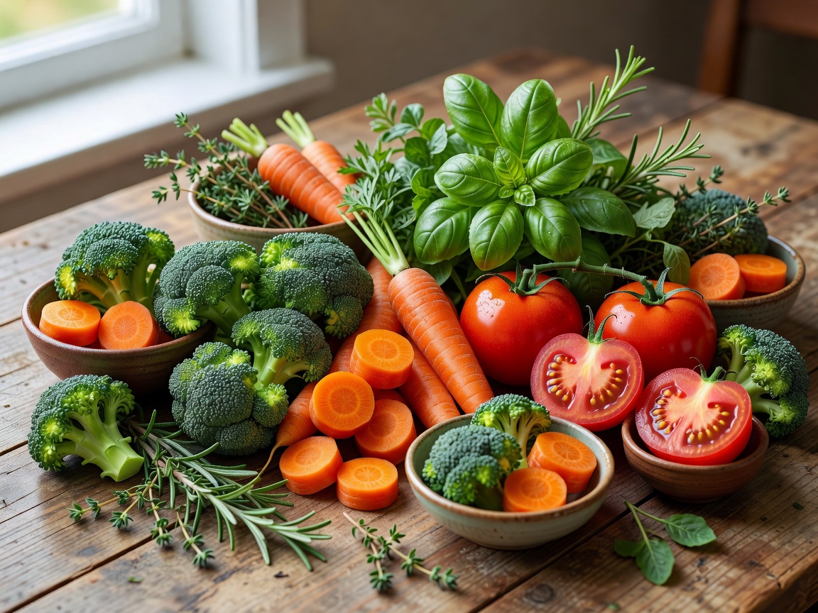 Fresh seasonal vegetables and herbs arranged for a meal