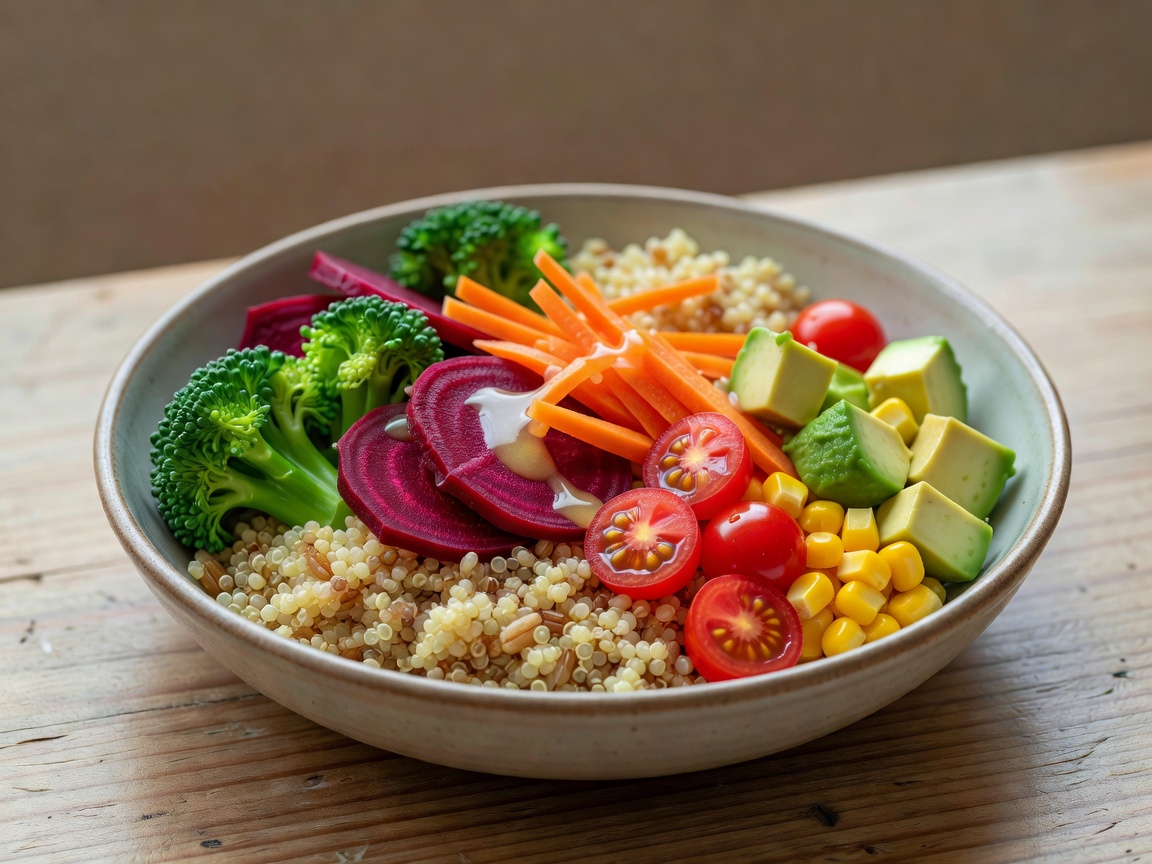 Fresh vegetable and grain bowl with varied colourful ingredients