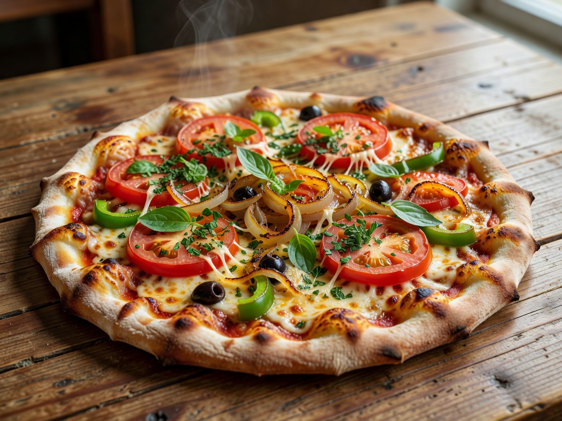 Freshly baked pizza with vegetables and herbs on a wooden table