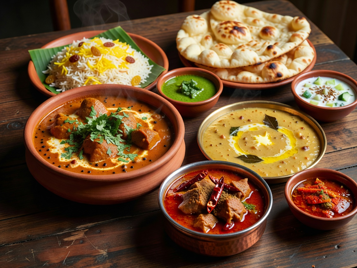 Indian-inspired curry dishes served with colourful accompaniments