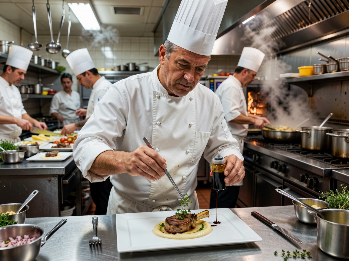 Restaurant chef finishing a plated meal in a busy professional kitchen