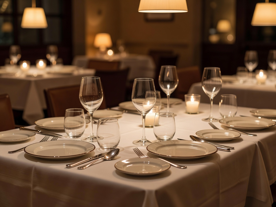 Restaurant dining table arranged with plates, glasses and warm ambient lighting