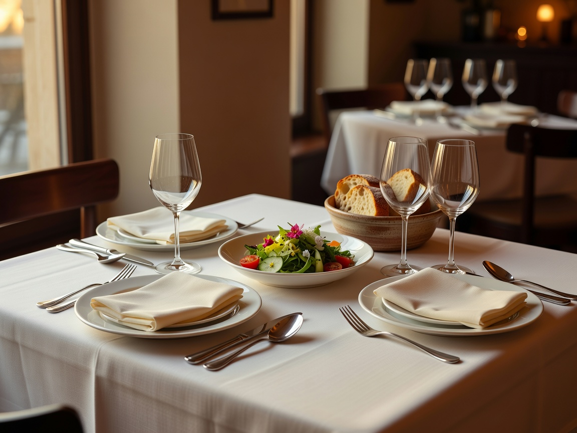 Restaurant table arranged for an inviting meal with neatly set plates