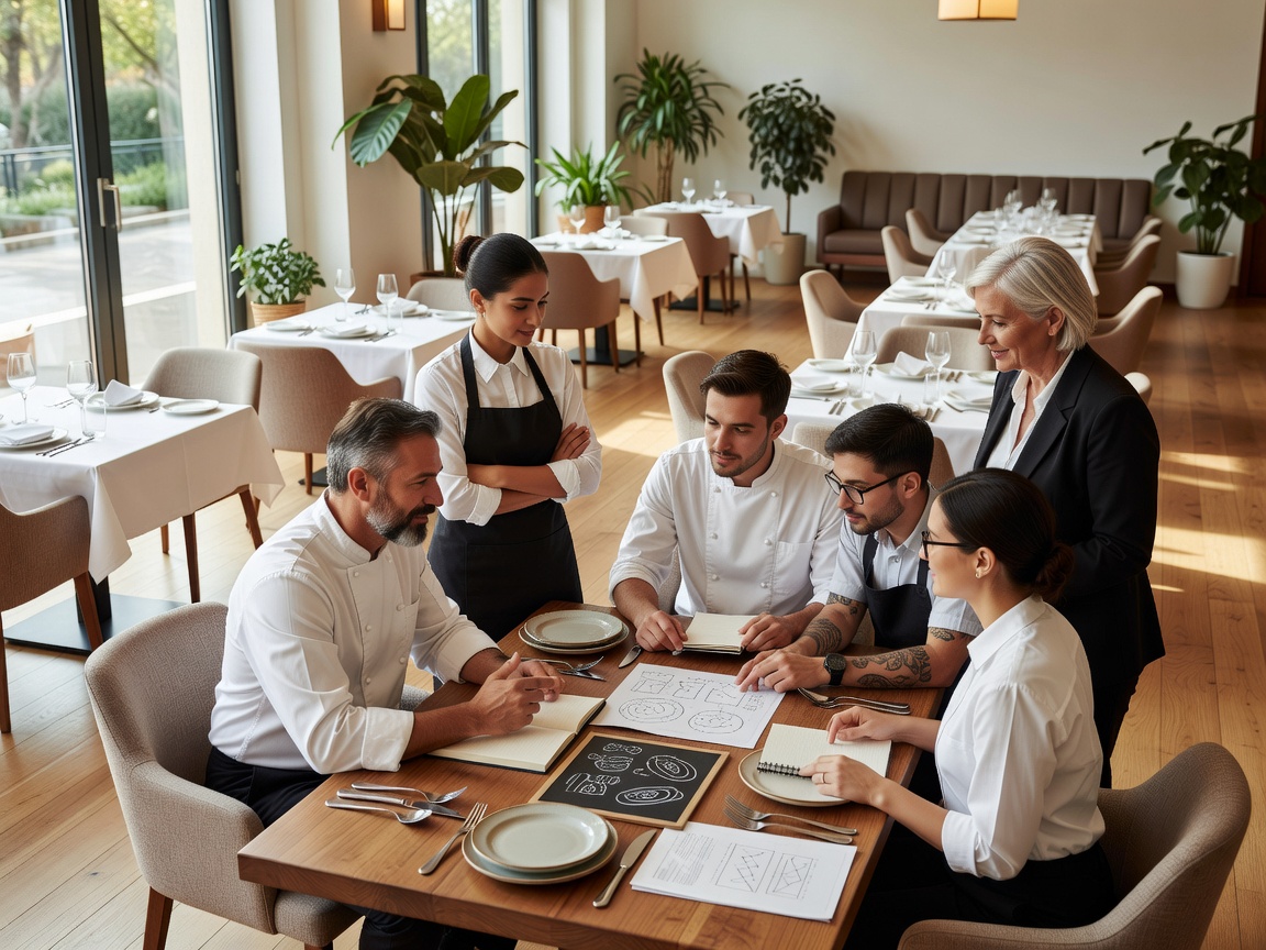 Restaurant team discussing food service in a bright, welcoming dining space