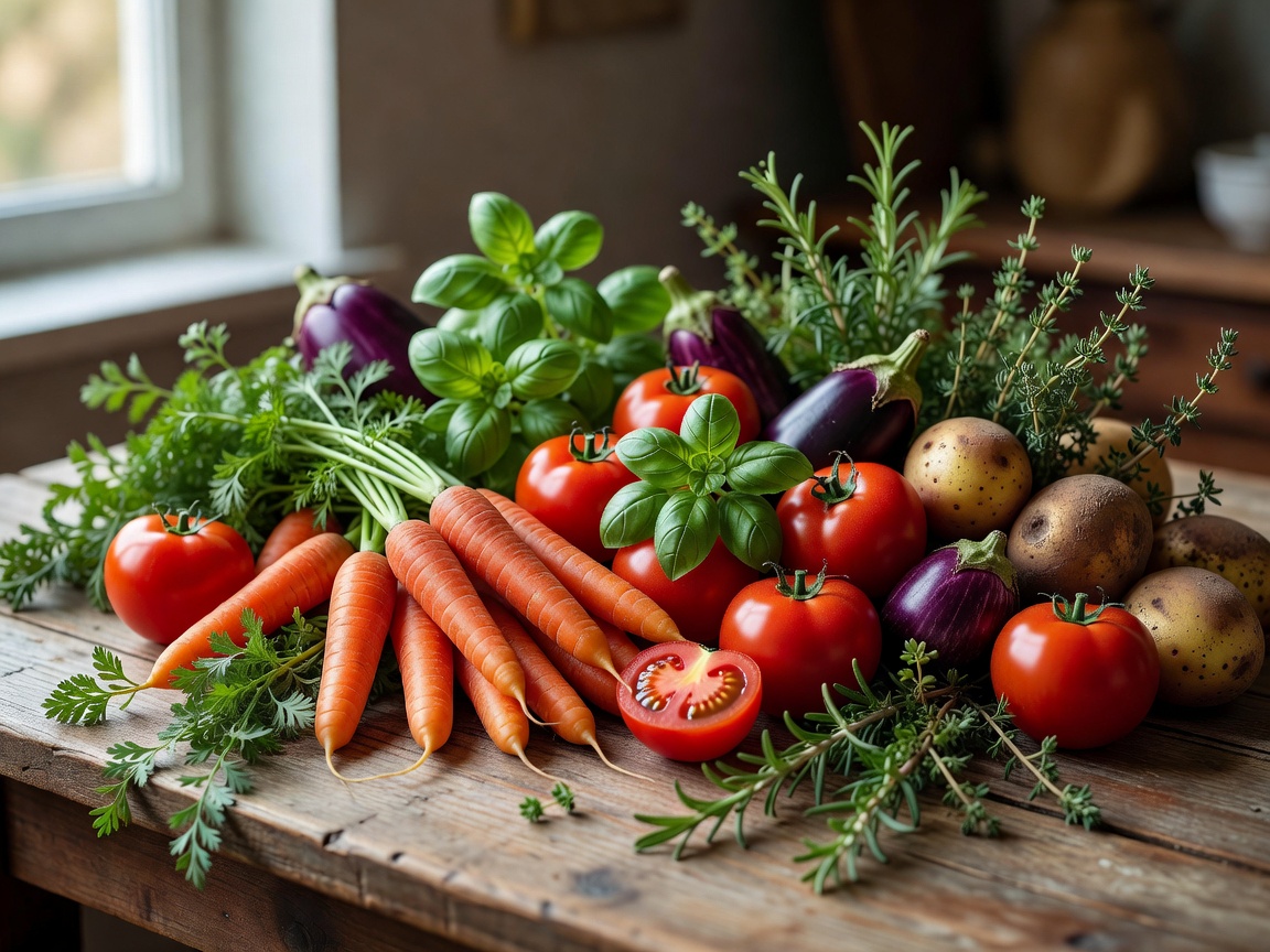 Fresh produce and herbs arranged on a preparation surface