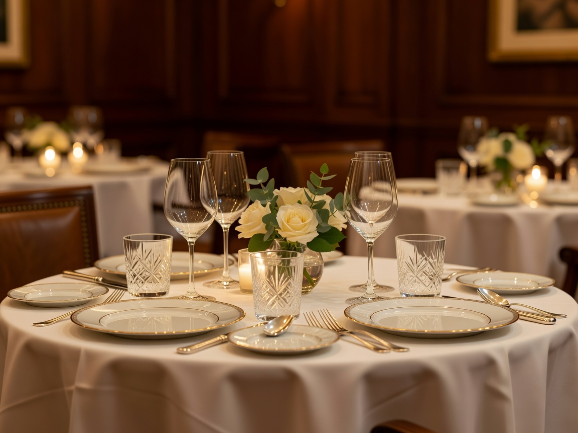 Warmly lit restaurant table set with elegant plates and glassware